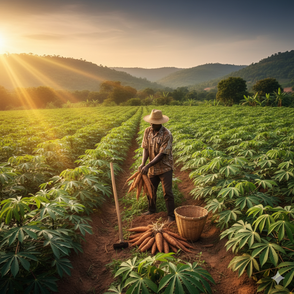 AgriNuel - Nigerian farmer harvesting cassava in lush field